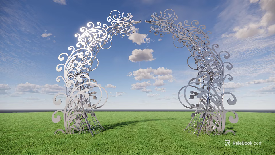 Silver Arched Gate With Intricate Scroll Designs Against Green Grass And Blue Sky 3d model 