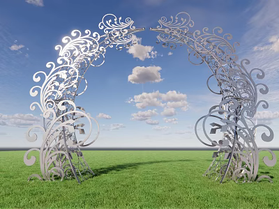 Silver Arched Gate With Intricate Scroll Designs Against Green Grass And Blue Sky 3d model