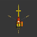 Yellow and Red Helicopter with Black Rotor Blades and Orange Floats on Gray Background