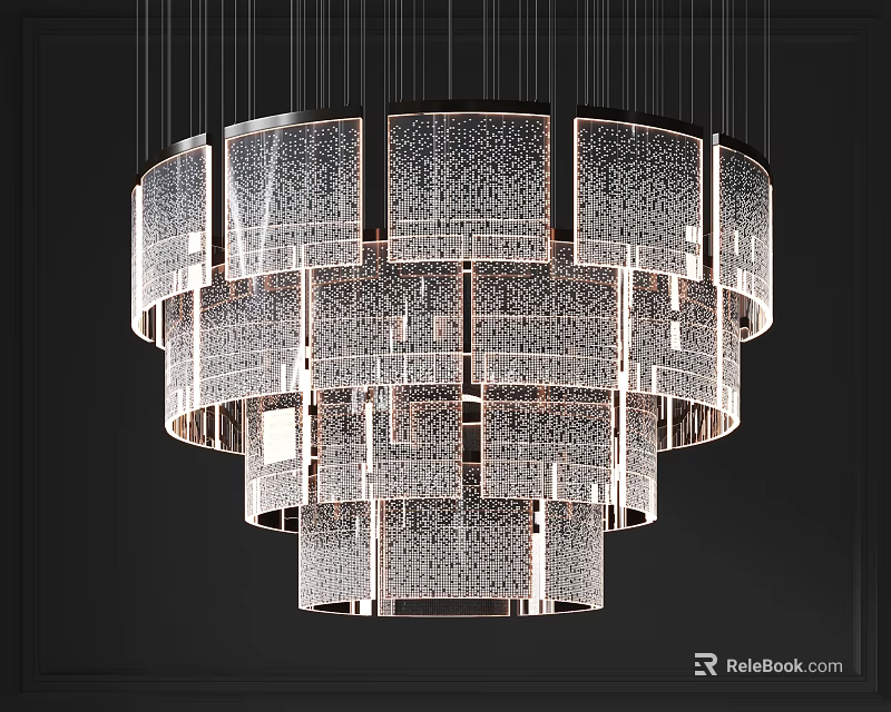 Elegant Modern Multi Layered Crystal Chandelier With Illuminated Transparent Panels 3d model 