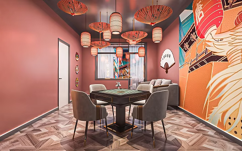 New Chinese Chess and Card Room National Tide Chess and Card Room Mahjong Room Mahjong Table Combination Mahjong Hall Tea Table and Chair Decorative Cabinet Background Wall 3d model