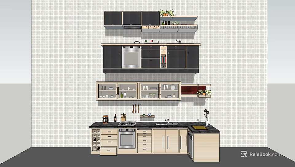 Black And Light Colored Kitchen Cabinets With Countertop Appliances And Sink 3d model 