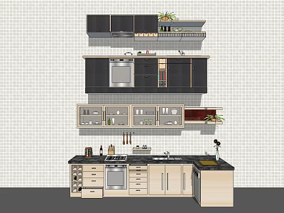 Black And Light Colored Kitchen Cabinets With Countertop Appliances And Sink 3d model
