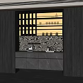 Dark-colored Sideboard With Wine Rack Glass Holder Patterned Wall Coffee Machine And Books 3d model
