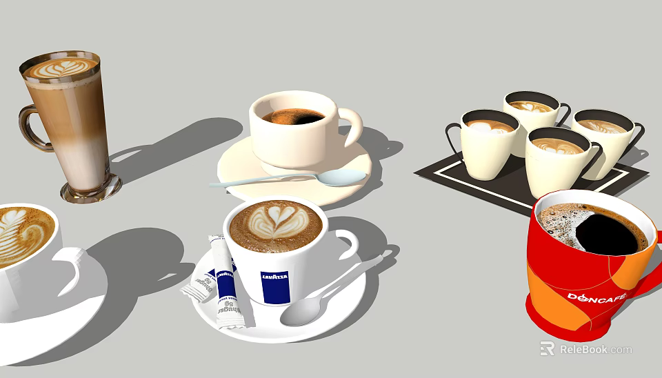 Coffee Cups with Latte Heart Art Black Coffee Kenco Brand and Spoons on Saucers 3d model 