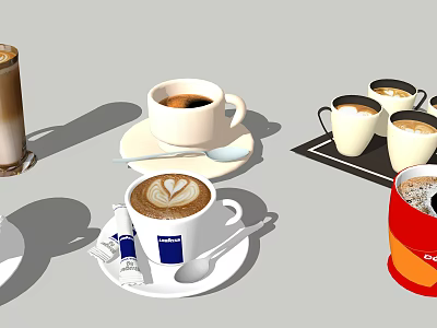 Coffee Cups with Latte Heart Art Black Coffee Kenco Brand and Spoons on Saucers 3d model
