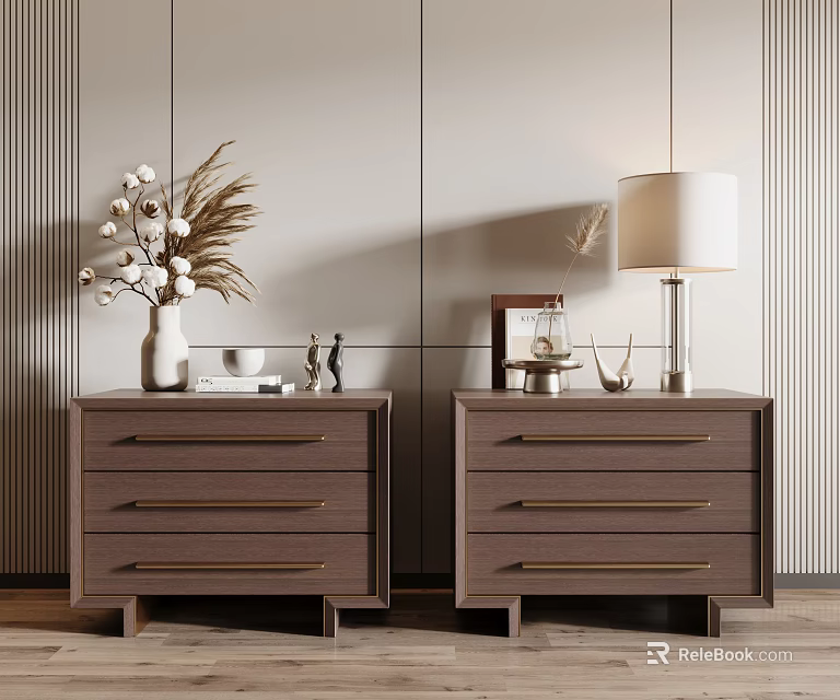 Modern Brown Bedside Tables Featuring Drawers Gold Handles Lamp Vase Dried Flowers And Photo Frame 3d model 