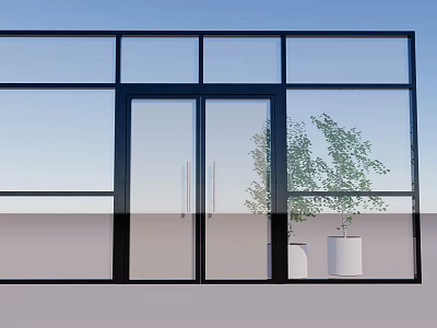 Modern Double Doors With Glass Frame And Green Plant In White Planter 3d model