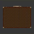 Vintage Style Suitcase With Red Trim Brown Patterned Surface And Wooden Handle