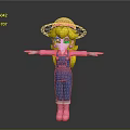 3D Cartoon Character Model With Straw Hat Blonde Hair Blue Overalls And Pink Boots