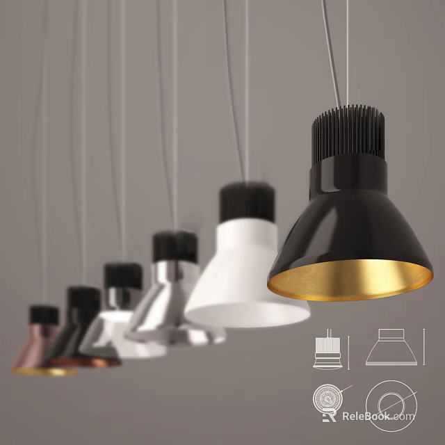 Modern Pendant Lights in Black White Silver Copper with Golden Interior Design 3d model 