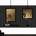 Modern Abstract Paintings With Golden Frames Hanging On Dark Wooden Wall With Shelf And Plant