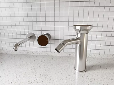 Stainless Steel Kitchen Faucet Against White Grid Tile Wall And Speckled Countertop 3d model