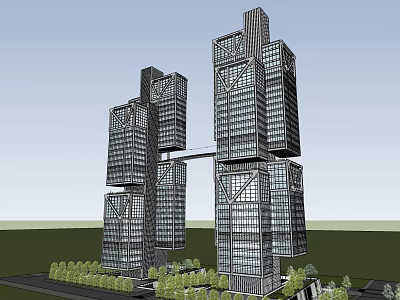 Modern High Rise Office Building With Glass Curtain Walls Connected Towers And Landscaped Areas 3d model