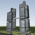 Modern High Rise Office Building With Glass Curtain Walls Connected Towers And Landscaped Areas