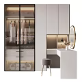 Modern Wardrobe With Glass Door Interior Lighting Hanging Clothes Dressing Table Round Mirror Gold Stool