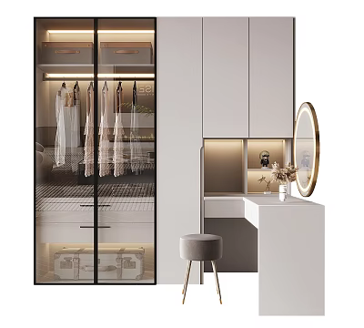 Modern Wardrobe With Glass Door Interior Lighting Hanging Clothes Dressing Table Round Mirror Gold Stool 3d model