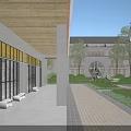 Modern School Building Exterior With Colonnade Courtyard Greenery And Archway Design