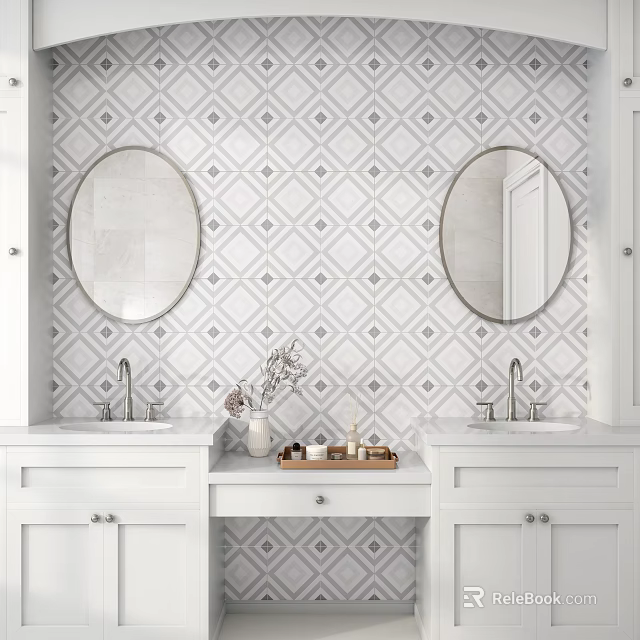 Stylish Double Bathroom Vanity With Oval Mirrors Diamond Pattern Tiles And Decorative Items 3d model