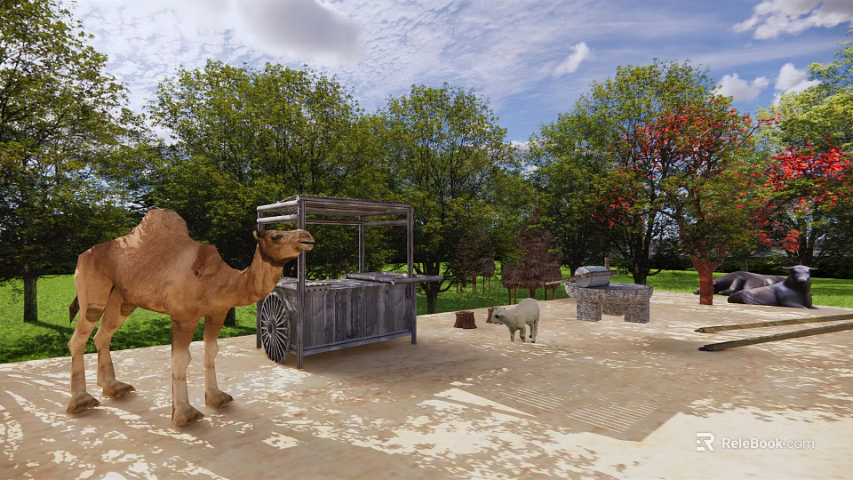 Natural Garden Landscape With Camel Kiosk Sheep Green Trees And Sandy Ground 3d model 