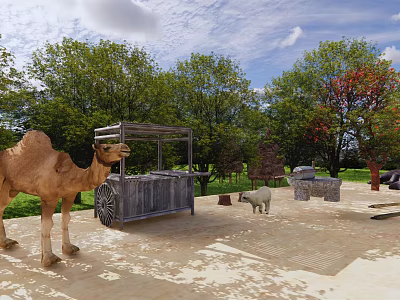 Natural Garden Landscape With Camel Kiosk Sheep Green Trees And Sandy Ground 3d model