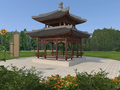 Traditional Chinese Pavilion in Garden with Green Grass Trees and Flowers 3d model