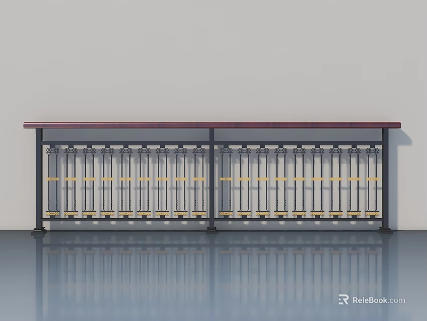 Modern Swing Door Railing With Dark Top And Vertical Bars On Reflective Floor 3d model 