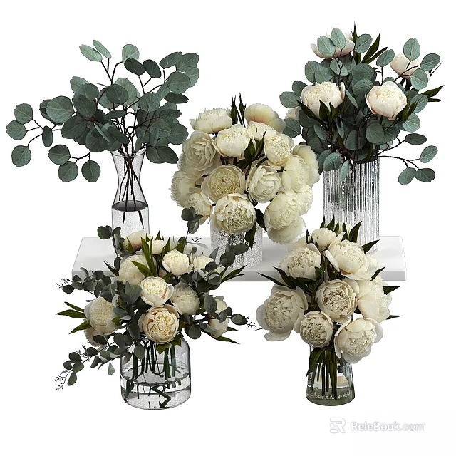 Decorative Ornamental Set With White Peony Bouquets Glass Vases And Eucalyptus Leaves On White Shelf 3d model 