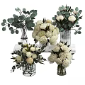 Decorative Ornamental Set With White Peony Bouquets Glass Vases And Eucalyptus Leaves On White Shelf