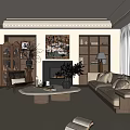 Elegant Modern Living Room Interior With Sofa Armchair Coffee Table Fireplace And Decorative Artwork