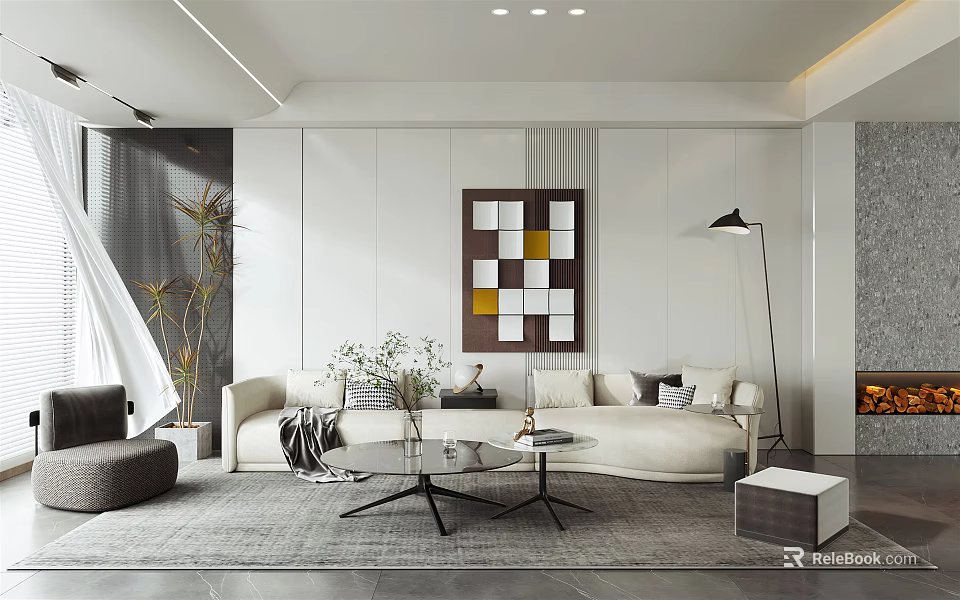Modern Living Room With Cream Sofa Glass Coffee Table Floor Lamp And Geometric Wall Art 3d model 