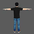 Man Standing With Outstretched Arms In Black T-Shirt Blue Jeans Brown Shoes Against Gray Background