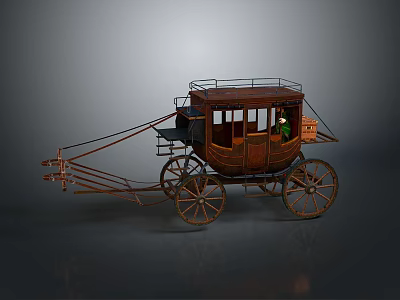 Vintage Horse Carriage With Wooden Structure Carved Details Roof Railings And Spoked Wheels 3d model