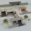 Traditional Style Entrance Gate With Stone Wall Black Roof And Symmetric Green Plants Design