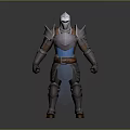 Game and Movie Warrior Character in Blue and Silver Armor with Helmet and Brown Belt