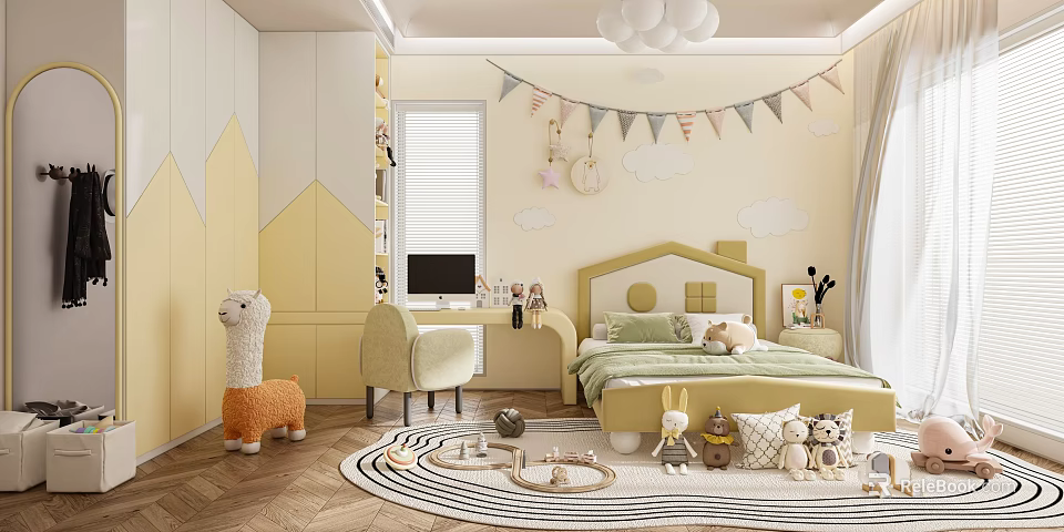 Kids Room Interior With Cloud Decorations Bunting Flags Llama Plush Bed Desk And Stuffed Toys 3d model 