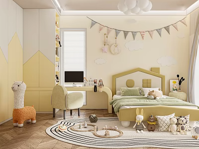 Kids Room Interior With Cloud Decorations Bunting Flags Llama Plush Bed Desk And Stuffed Toys 3d model
