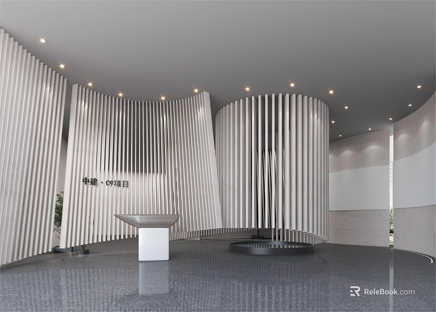 Modern Sales Office Interior With Vertical Slat Walls Reception Desk And Ambient Lighting 3d model 