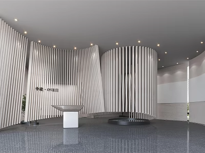Modern Sales Office Interior With Vertical Slat Walls Reception Desk And Ambient Lighting 3d model