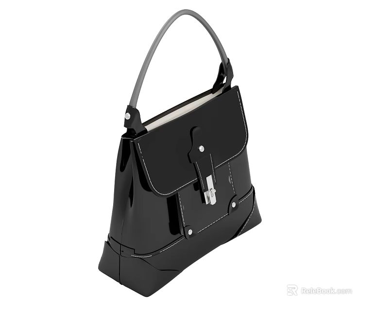 Stylish Black Patent Leather Handbag With Top Handle Flap Closure And Metal Clasp 3d model 