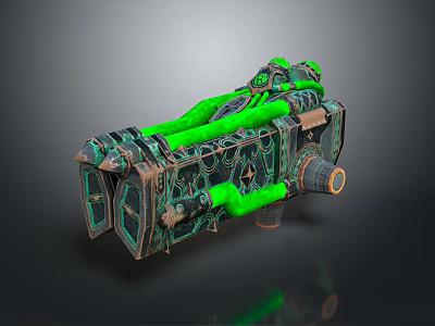 Detailed Industrial Mechanical Device with Green Pipes and Decorative Metal Elements 3d model