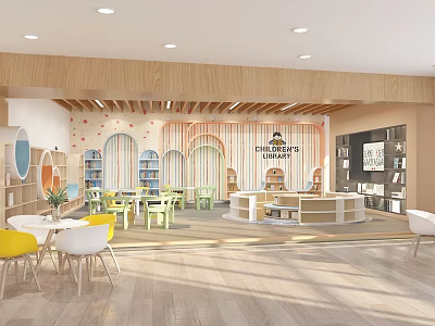 Bright School Interior With Colorful Furniture Arches And Bookshelves 3d model