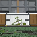 Modern Wooden Entrance Gate With Small Pine Shrubs Lawn And Stone Decorations
