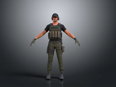 Tactical Gear Character In Black T Shirt Green Pants Vest And Gloves 3d model