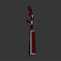 Red Mechanical Character With Metallic Arm Featuring Jointed Fingers And Colorful Striped Cylindrical Base