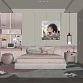 Kids Room Interior with Bed Pillows Desk Shelves Decorative Painting and Soft Rug