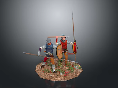 Medieval Men in Armor Holding Spears and Shields Standing on Dirt Base with Small Plants 3d model