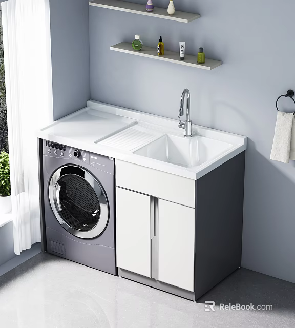 Modern Decorative Cabinet With Washing Machine Sink White Countertop And Faucet In Laundry Room 3d model 