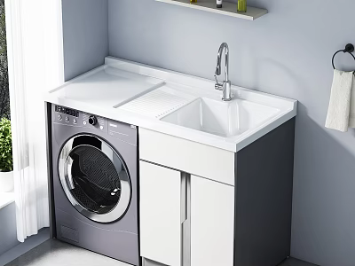 Modern Decorative Cabinet With Washing Machine Sink White Countertop And Faucet In Laundry Room 3d model