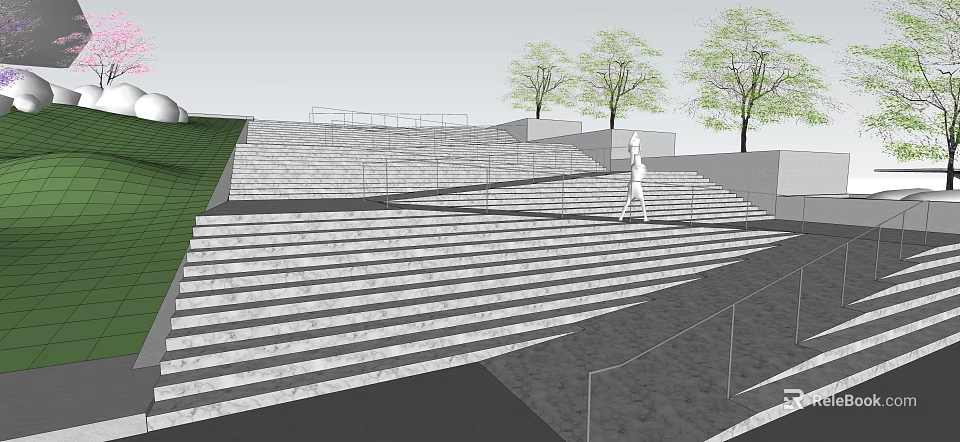 Outdoor Stone Staircase Design With Metal Railings Trees Grass And Person Walking 3d model 